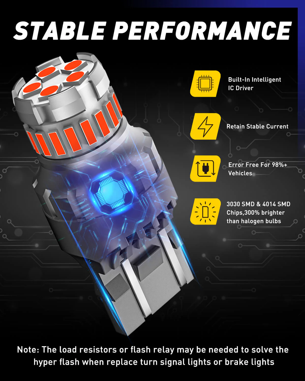 7443 LED Brake Light Bulb 2800LM Flashing Strobe Blinking 6000K Red 2 PCS - Image 6