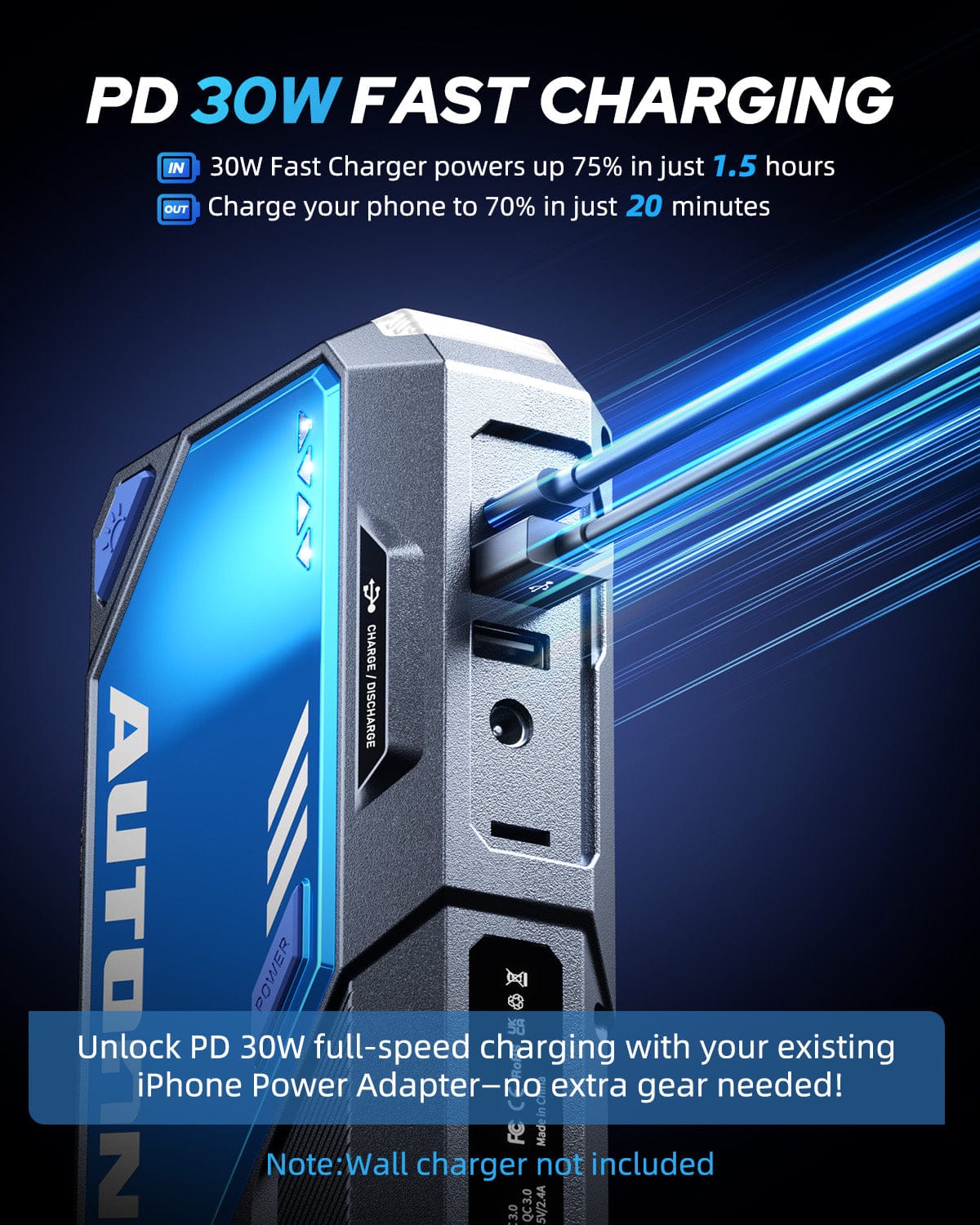 AUTOONE 10000A Car Jump Starter 24000mAh Car Battery Jumper Starter Portable 12V (All Gas/All Diesel) 168W DC Jump Box for Car Battery with Built-in Booster, Type-C Fast Charge Jump Pack - Image 3