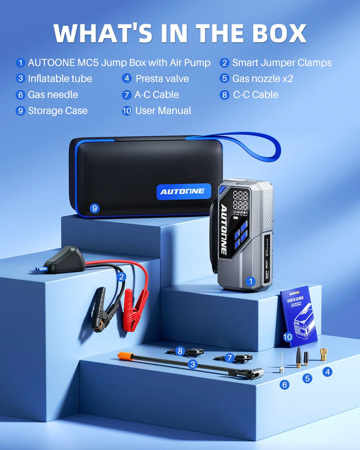 AUTOONE 10000A Jump Starter with Air Compressor, 24000mAh Portable Car Battery Booster Jumper Starter Pack (All Gas & Diesel) Jump Box with Tire Inflator, Jumper Cables, Type C, 60W Charging, Light - Image 10