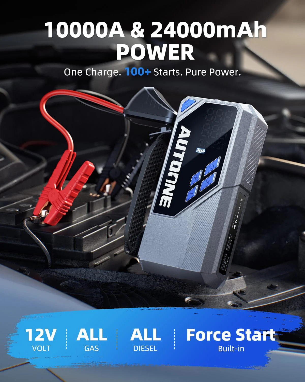 AUTOONE 10000A Jump Starter with Air Compressor, 24000mAh Portable Car Battery Booster Jumper Starter Pack (All Gas & Diesel) Jump Box with Tire Inflator, Jumper Cables, Type C, 60W Charging, Light - Image 3