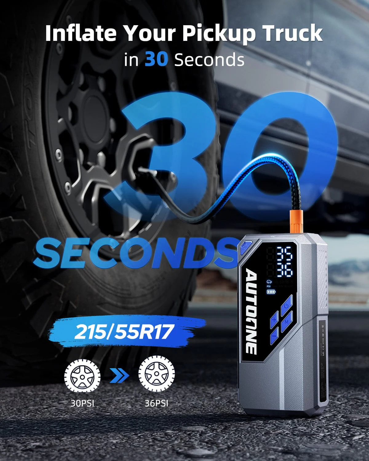 AUTOONE 10000A Jump Starter with Air Compressor, 24000mAh Portable Car Battery Booster Jumper Starter Pack (All Gas & Diesel) Jump Box with Tire Inflator, Jumper Cables, Type C, 60W Charging, Light - Image 4