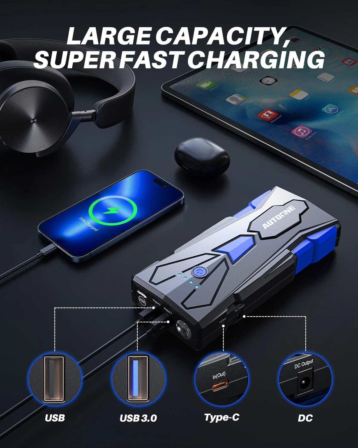AUTOONE 6000A Car Battery Jump Starter Up to All Gas & 12L Diesel Engine, Car Battery Jumper Starter Portable 12V Jump Box with USB Output, Storage Case, LED Flashlight - Image 3
