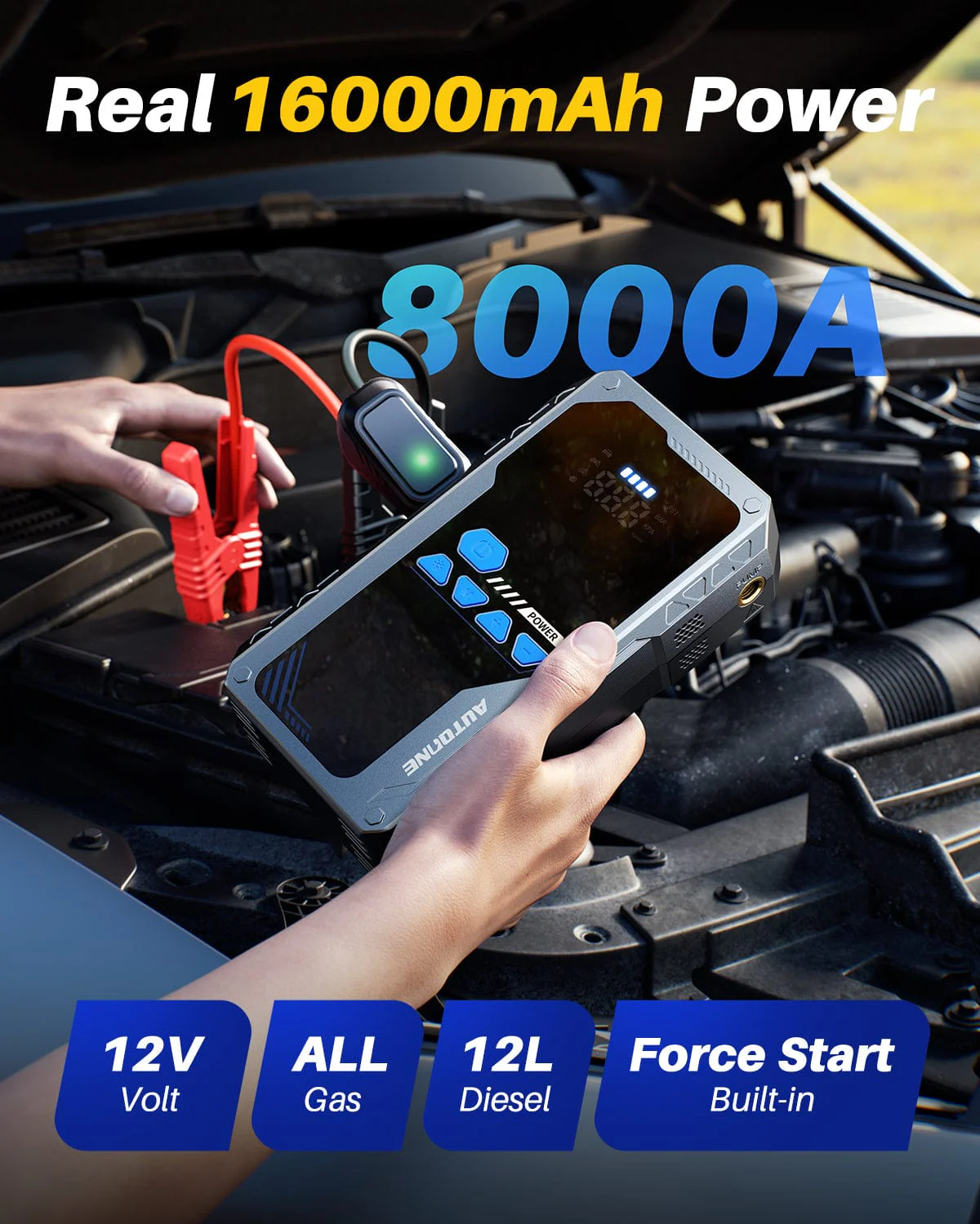AUTOONE 8000A Jump Starter with Air Compressor (All Gas/12L Diesel), 150PSI Car Jumper Starter Portable, Jump Box Tire Inflator with LED Flashlight, LCD Display, Storage Case - Image 3