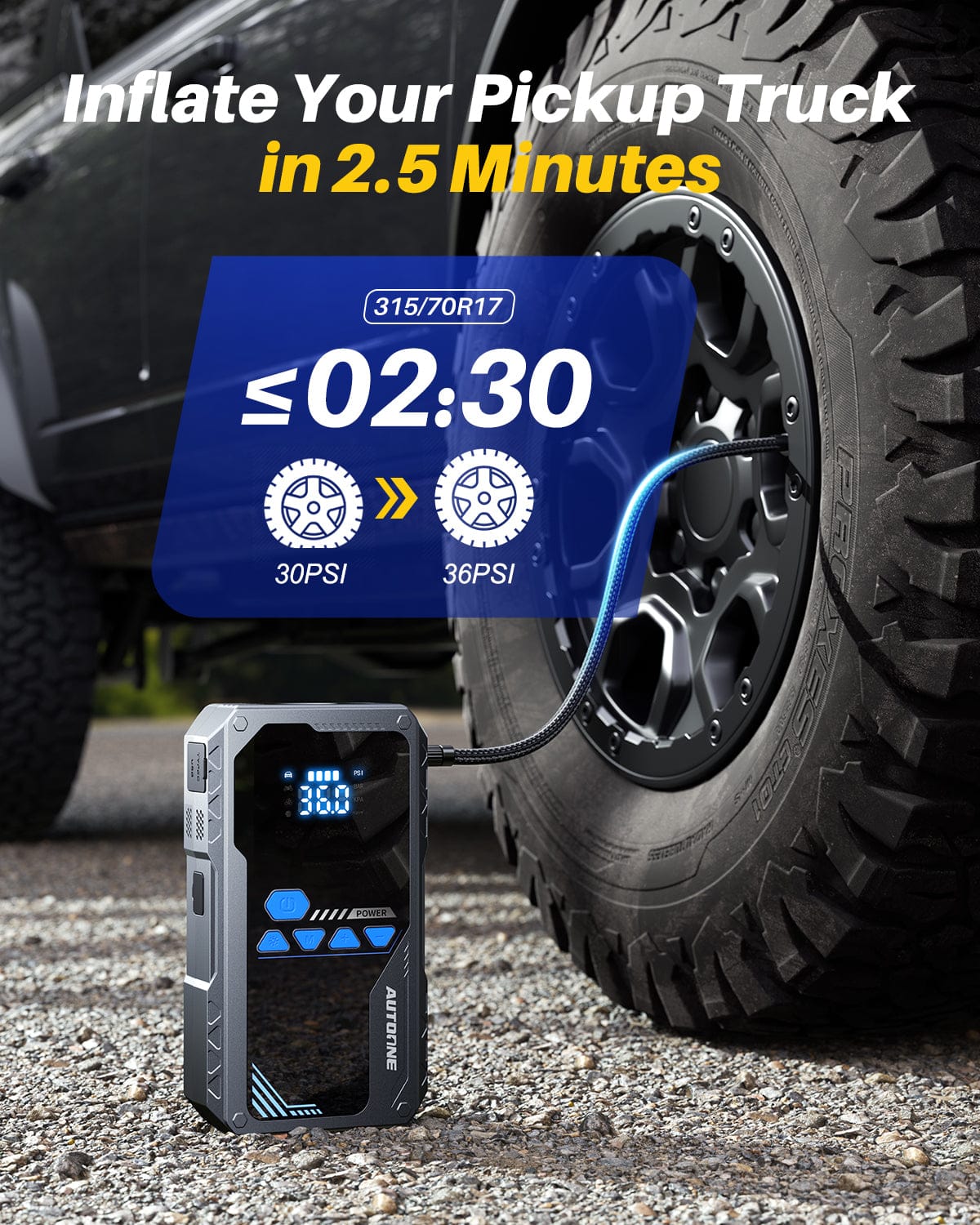 AUTOONE 8000A Jump Starter with Air Compressor (All Gas/12L Diesel), 150PSI Car Jumper Starter Portable, Jump Box Tire Inflator with LED Flashlight, LCD Display, Storage Case - Image 4