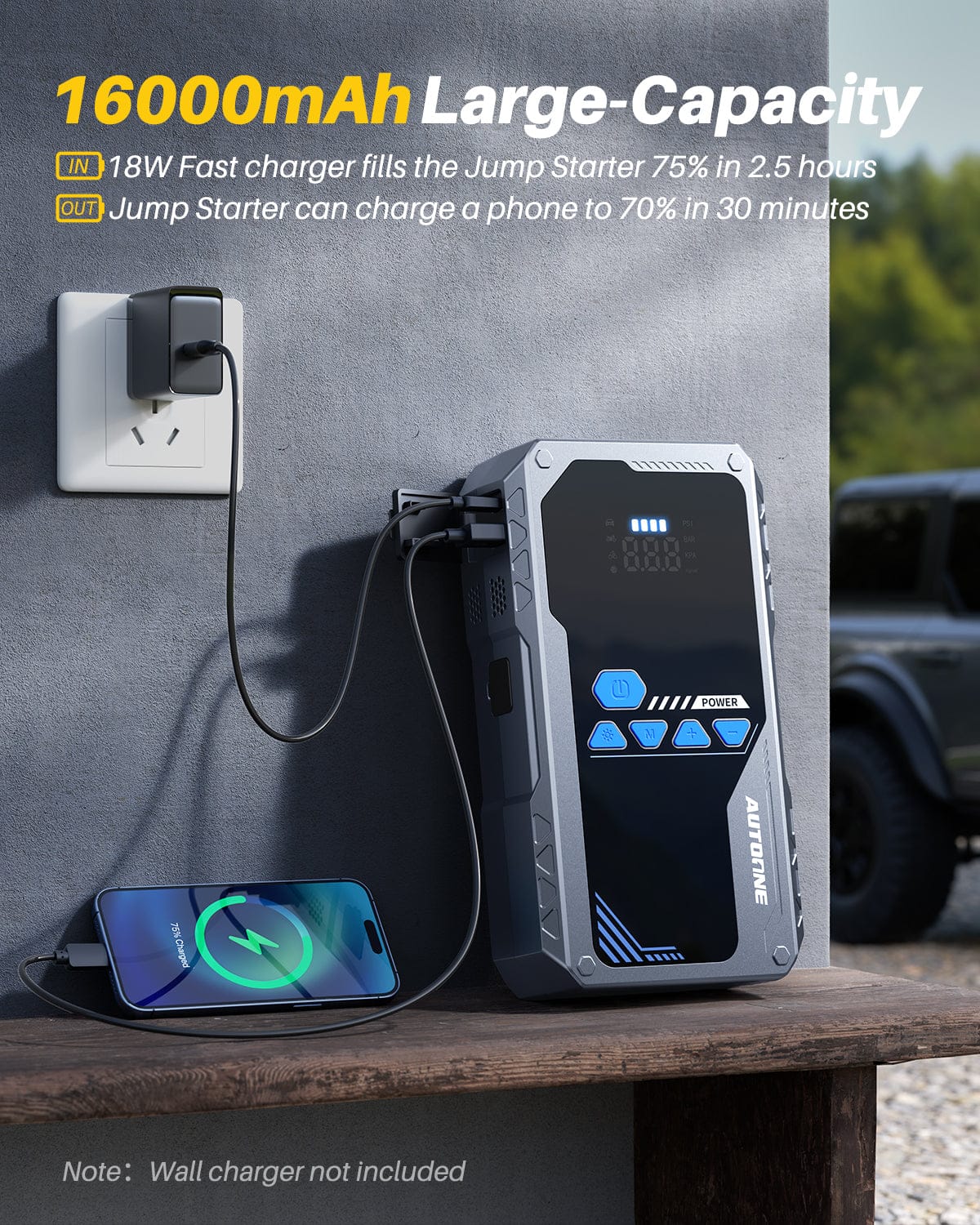 AUTOONE 8000A Jump Starter with Air Compressor (All Gas/12L Diesel), 150PSI Car Jumper Starter Portable, Jump Box Tire Inflator with LED Flashlight, LCD Display, Storage Case - Image 9