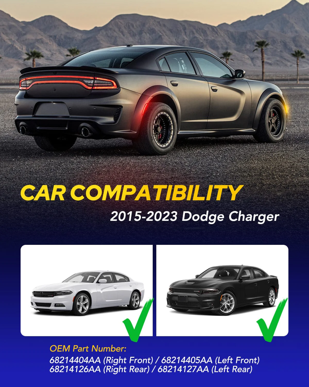 AUTOONE LED Side Marker Lights Compatible with Dodge Charger 2015-2023, Front & Rear Fender Side Markers, Smoked Lens - Image 2