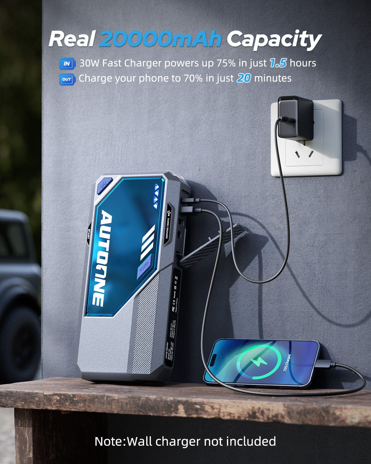 AUTOONE M5 9000A Car Jump Starter 12V Battery Jumper Starter Portable (All Gas/All Diesel) 168W DC Jump Box for Car Battery with Built-in Booster, Type-C Fast Charge & Jumper Cables Jump Pack - Image 3
