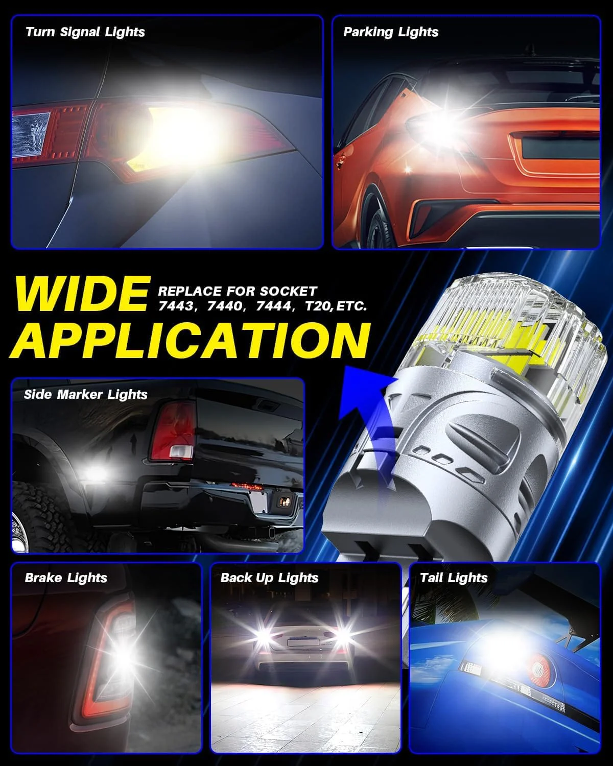 AUTOONE Upgraded 7443 7440 LED Bulb White for Backup Lights, 500% Super Bright & 360° High Luminous, T20 7441 LED Replacement with Projector for Reverse Tail Brake DRL Signal Parking Lights, Pack of 2 - Image 7