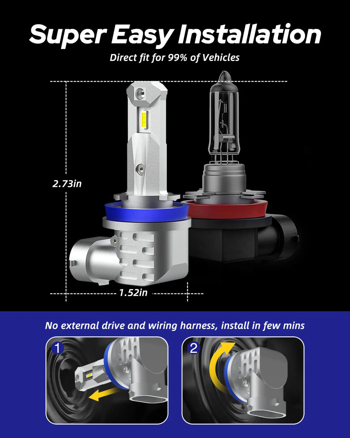 H11 LED Bulbs 6000K White 16000LM Fanless Upgrade Fog Light Bulb - Image 5