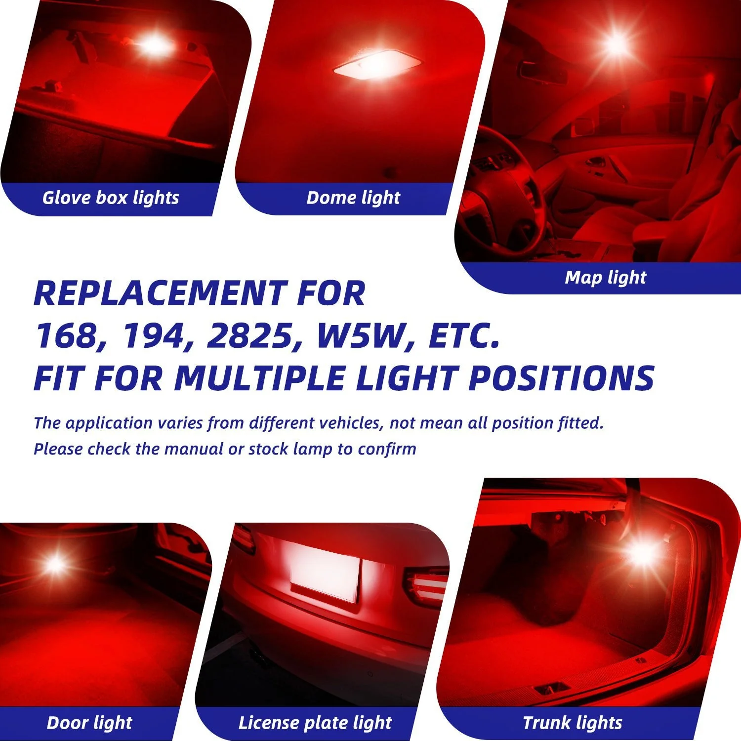 T10 168 2825 W5W 194 LED Bulb 6500K Red Interior & Exterior Car Lights 2 PCS - Image 7
